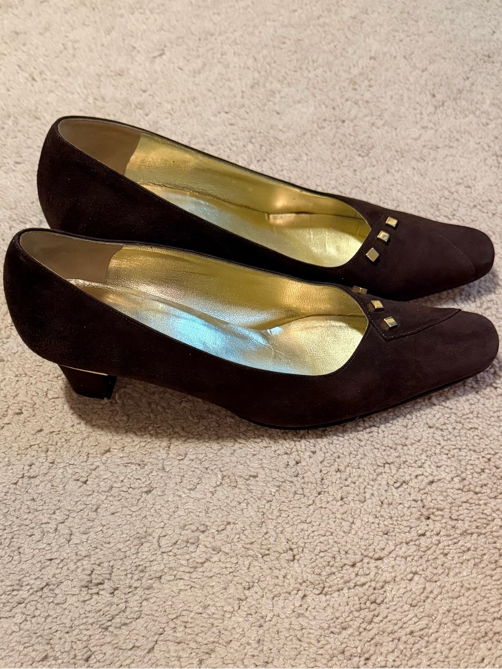Vintage Charles Jourdan Dark Brown Suede Low Heel Pumps with Gold Interior